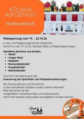 Platzsperrung vom 19. - 22.10.26 im Stadtgebiet Kölleda